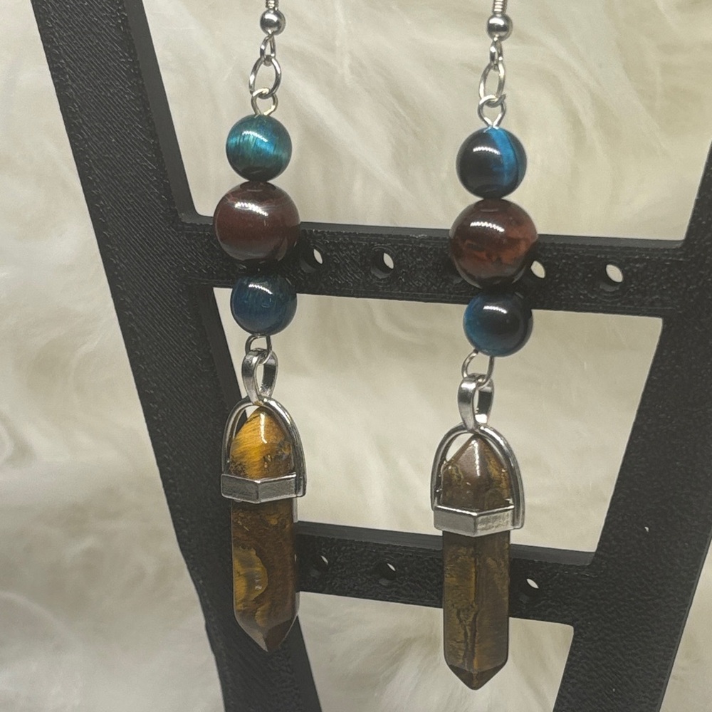 Hand Crafted Blue and Brown Tiger Eye Drop Earrings